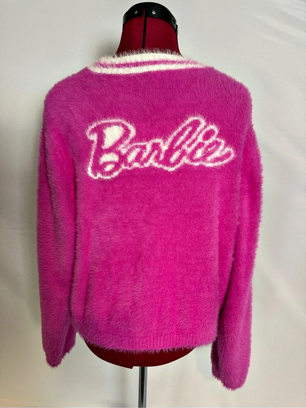 Barbie Cardigan Women's Size XL Pink & White Fuzzy 3-Button Long Sleeves - Picture 4 of 12